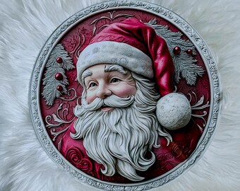 Santa Metal Wreath Sign, Round Christmas Sign, Vintage Santa Wreath Attachment, Holiday Wreath Center Sign, DIY Wreath Supply   10"