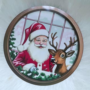 Santa and Reindeer Metal Christmas Round Wreath Sign, Winter Sign, Christmas Wreath Sign, Wreath Sign Home Decor, Winter, Xmas, Wreath   10&quot;