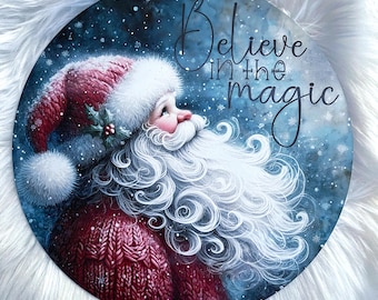 Santa Round Metal Wreath Sign, Believe In the Magic, Christmas, Holidays decor, Front Door, Wreath Attachment