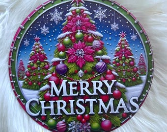 Merry Christmas Round Metal Wreath Sign, Christmas Sign, Metal Sign, Christmas Tree sign, Wreath  Sign, Front Door, Wreath, 8"