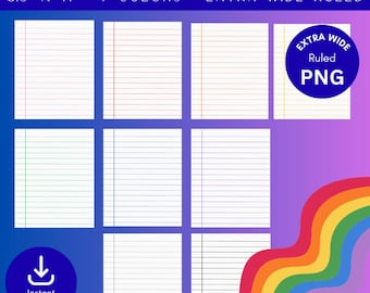 Notebook Paper, PNG Digital Download, Lined Paper, School, 9 Colors, Extra Wide Ruled, Rainbow Colors