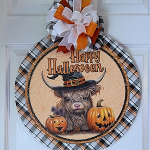 Happy Halloween Highland Cow Wooden Round Door Hanger 18&quot;, Highland Cow Door Hanger, Halloween Door Decor, Halloween, Halloween Decorations