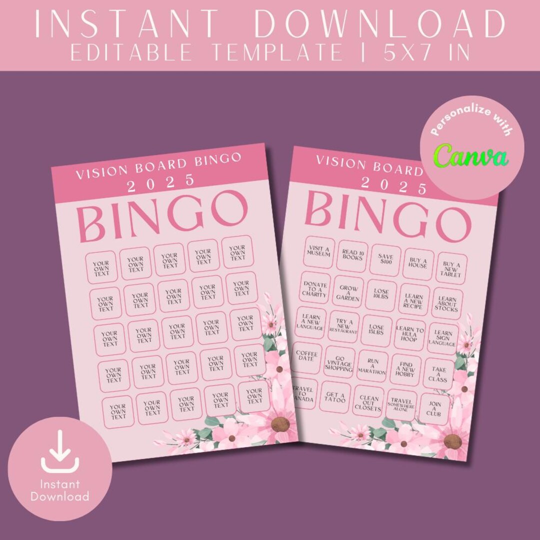 2025 Vision Board Bingo Floral, Goal Setting, New Year Resolutions ...