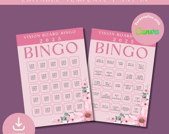 2025 Vision Board Bingo Floral, Goal Setting, New Year Resolutions Worksheet, Instant Download, 5"x7"
