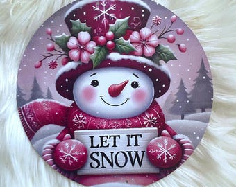 8 Inch Metal Sign Let It Snow Snowman, Metal Christmas Sign for