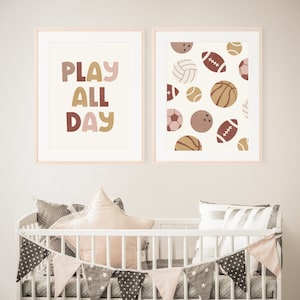 Set of 2 Nursery Prints, Sports Balls Wall Art, Play All Day Print, Boho Neutral Prints, Nursery Decor, Printable Art