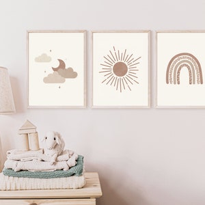 Set of 3 Nursery Prints with Moon, Sun, and Rainbow Wall Art, Boho Neutral Prints, Nursery Decor, Printable Art