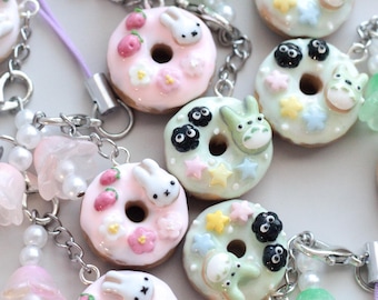 Handmade Polymer Clay Donut Keychain: Miffy & Totoro Charms