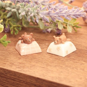 May include: Two miniature ceramic teddy bears resting on pillows. One pillow is pink with a grid pattern, the other is white with floral accents. The bears are brown and the pillows are square-shaped.