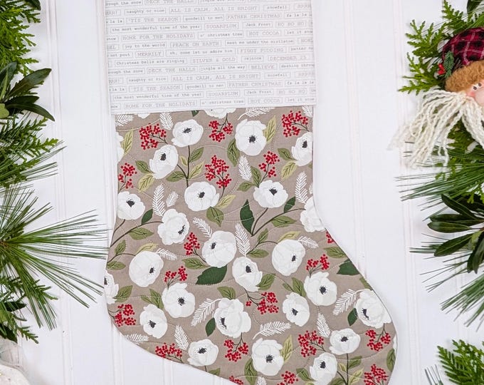 Handmade Quilted Christmas Stocking Lined with Cuff - Christmas Morning Eve Lella Boutique Moda - Roses Holly Fabric