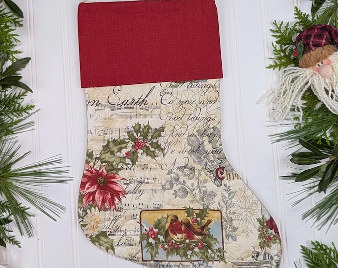 Handmade Quilted Christmas Stocking Lined with Cuff - 3 Sisters Marche de Noel Vintage Collage Moda