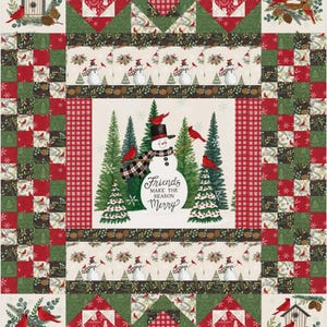 May include: A festive Christmas quilt featuring a snowman, cardinals, and pine trees. The quilt has a patchwork design with red, green, and white squares and rectangles. The central panel reads "Friends Make the Season Merry?"