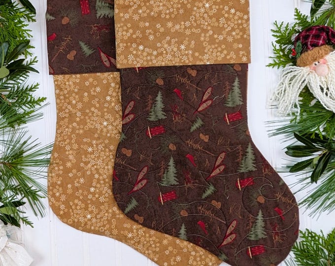 Handmade Quilted Flannel Christmas Stocking Set of 2 Lined with Cuff - Holly Taylor Frosted Flannels - Snowflakes Cabin Fabric
