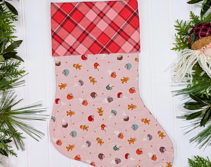 Handmade Quilted Christmas Stocking Lined with Cuff - The Old Chocolate Shop Lewis and Irene - Hot Cocoa Chocolate Gingerbread Men