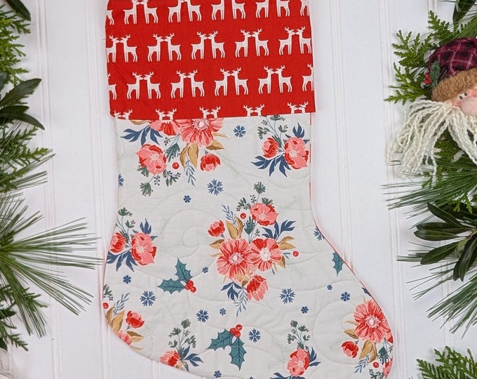 Handmade Quilted Christmas Stocking Lined with Cuff - Cozy and Joyful Maureen Cracknell Art Gallery Fabrics Hellebore Flowers