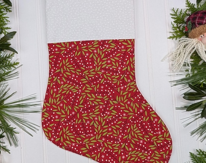 Handmade Quilted Christmas Stocking Lined with Cuff - Merriment Gingiber Moda Fabric - Holly