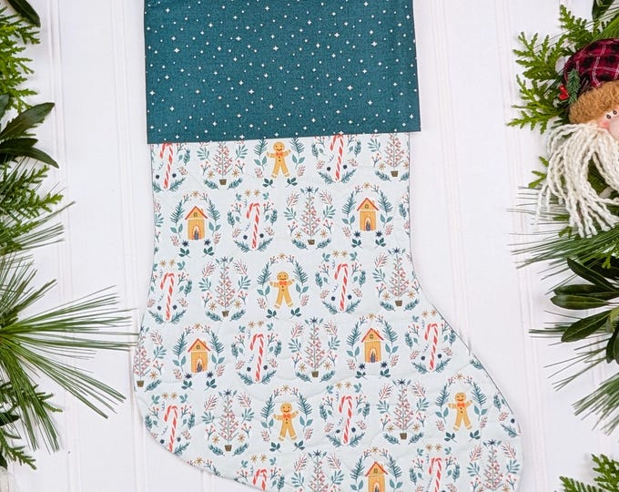 Handmade Quilted Christmas Stocking Lined with Cuff - Cozy and Joyful Maureen Cracknell Art Gallery Fabrics