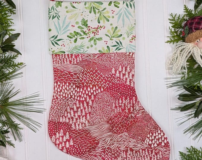 Handmade Quilted Christmas Stocking Lined with Cuff - Comfort and Joy Create Joy Project Moda - Mountains Holly Fabric