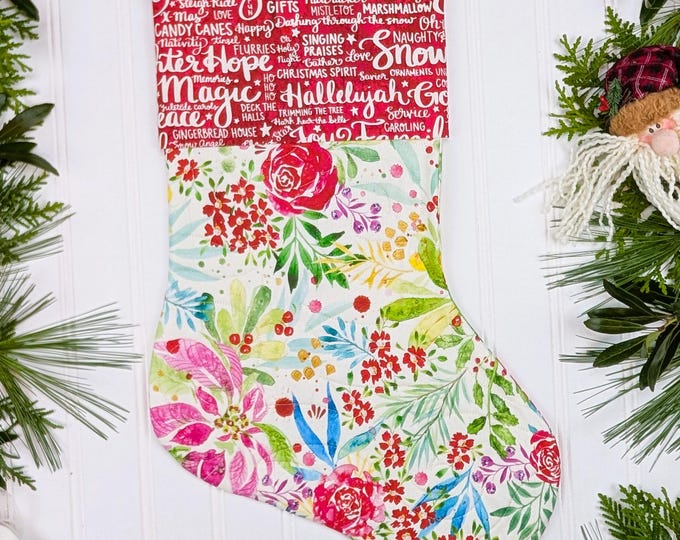 Handmade Quilted Christmas Stocking Lined with Cuff  - Comfort and Joy Create Joy Project Moda - Poinsettia Floral Fabric
