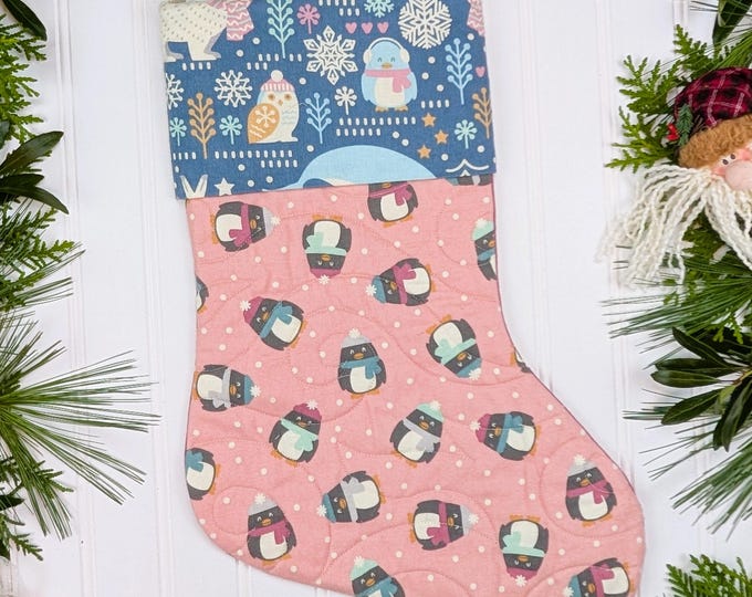 Handmade Quilted Christmas Stocking Lined with Cuff - Snow Snuggles Wishwell - Flannel Fabric