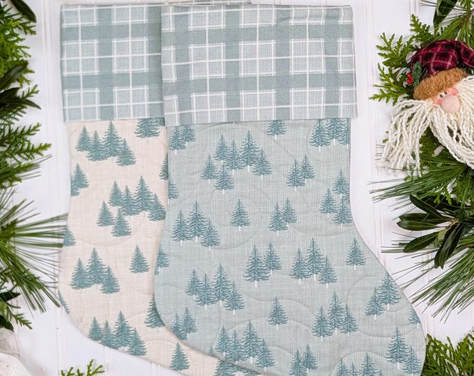 Handmade Quilted Christmas Stocking Set of 2 - Lined with Cuff - Brushed Cotton - Juniper Kate and Birdie Moda - Trees Forest Plaid Fabric