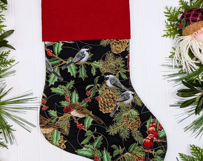 Handmade Quilted Christmas Stocking Lined with Cuff - Pretty Metallic Birds and Holly