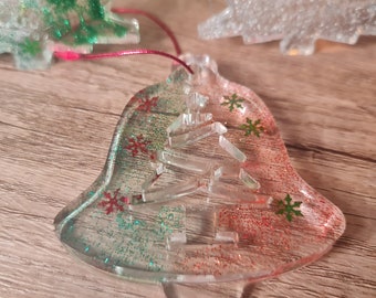 Christmas Tree ornament, Christmas Bell, handmade resin art. Color: Green, Red and White