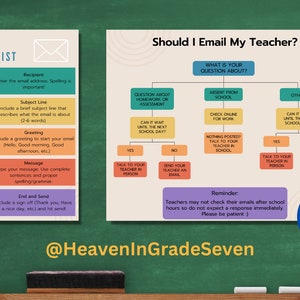 May include: Educational digital download with an email checklist and a flowchart titled "Should I Email My Teacher?" The checklist includes steps for writing an email. The flowchart guides students on when to email their teacher. The image has the text "Digital Download!"