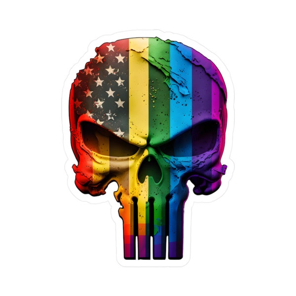 Detailed Rainbow American LGBTQ Pride Flag Punisher Skull Sticker |  Supportive Decal | Perfect for Laptops, Water Bottles & More