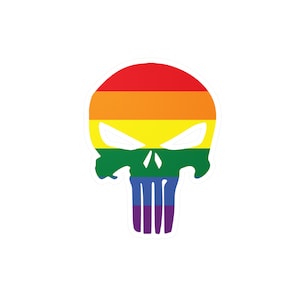 Può includere: Un teschio color arcobaleno con un contorno bianco. Il teschio è nello stile del logo Punisher.