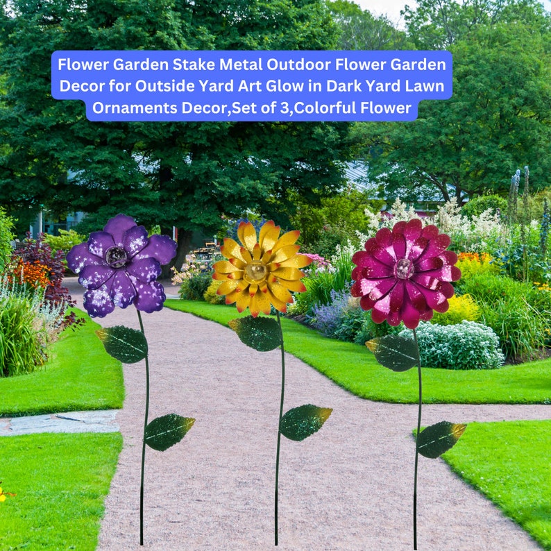 Flower Garden Stake Metal Outdoor Flower Garden Decor for Outside Yard Art Glow in Dark Yard