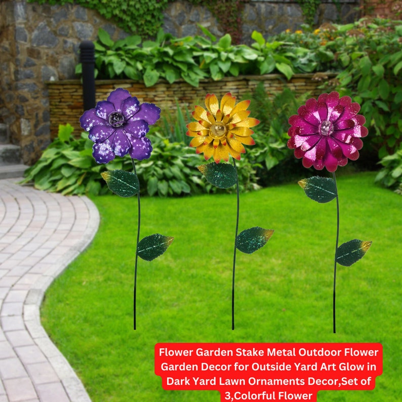 Flower Garden Stake Metal Outdoor Flower Garden Decor for Outside Yard Art Glow in Dark Yard