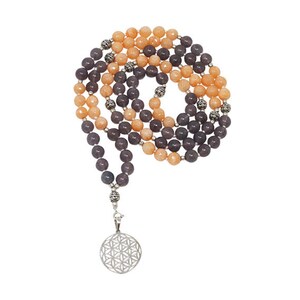 Charmed Mala,  Smooth Gray Chalcedony & Faceted Morganite
