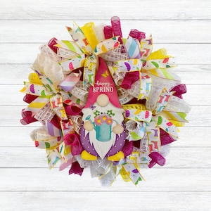 Happy Spring Garden Gnome Wreath, Everday Mesh Wreath, Gnome Door Hanging, Umbrella & Rain Boots for Front Door, April Showers Mesh Wreath