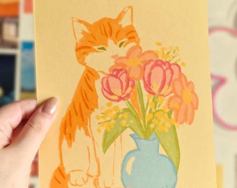 Poster (A5 / A4 / A3) - "Spring vase" - Ginger cat with vase and flowers