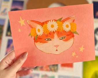 Poster (A5 / A4 / A3) - "Flower Crown" - Ginger cat with a flower crown