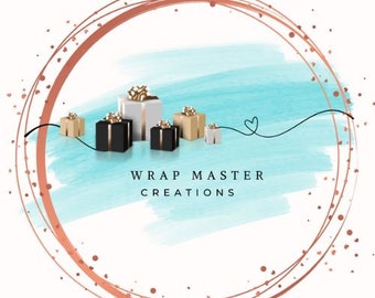 May include: A watercolor background with a gold circle and a collection of wrapped gifts in black, white, and gold. The text "Wrap Master Creations" is written below the gifts.