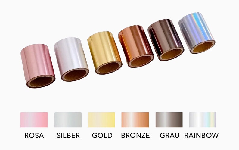 May include: Six rolls of metallic foil tape in various colours: rose gold, silver, gold, bronze, grey, and rainbow.