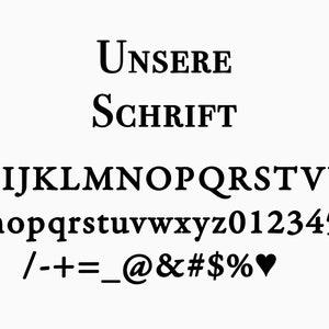 May include: A font chart showing the uppercase and lowercase alphabet, numbers, punctuation marks, and symbols. The text at the top reads "UNSERE SCHRIFT".