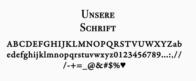 May include: A font chart showing the uppercase and lowercase alphabet, numbers, punctuation marks, and symbols. The text at the top reads "UNSERE SCHRIFT".