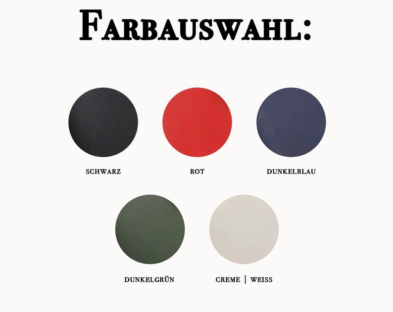 May include: Five colour swatches for fabric or paint. The colours are black, red, dark blue, dark green, and cream or white.