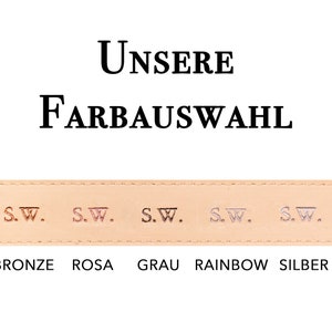 May include: A leather strap with a selection of colour options: gold, bronze, pink, grey, rainbow, silver, and without colour. The text "UNSERE FARBAUSWAHL" is above the strap.