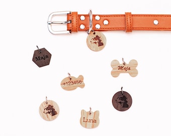 Hundemarke aus Holz mit personalisierter Gravur | Viele Formen und Designs | Für das Halsband, das Geschirr, die Leine und als Geschenk