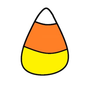 May include: A cartoon illustration of a candy corn with a white, orange, and yellow design.