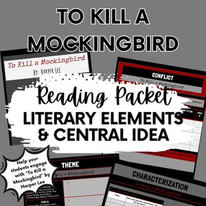 Könnte beinhalten: Ein Lesepaket für "To Kill a Mockingbird" von Harper Lee mit schwarzen, weißen und roten Designelementen. Das Paket enthält Abschnitte über literarische Elemente und zentrale Ideen, die Schülern helfen sollen, sich mit dem Roman auseinanderzusetzen.