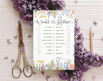 May include: A printable "Would She Rather" game card with a floral design. The card features a list of 10 questions with two choices each, such as "Get up early or Sleep in late?" and "Sweet treats or Salty snacks?"