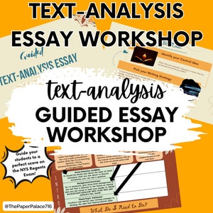 May include: A colorful graphic with the text "Text-Analysis Guided Essay Workshop" in black and white. The graphic features a yellow background with a white paint splatter effect. The graphic also includes a smaller graphic with a lit candle and the text "Identify your Central Idea" and "Pick your Writing Strategy".
