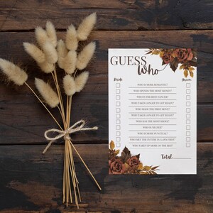 Printed Bridal Shower Game, Guess Who Game, Wildflower Bridal Theme, Fall Bridal Shower Game
