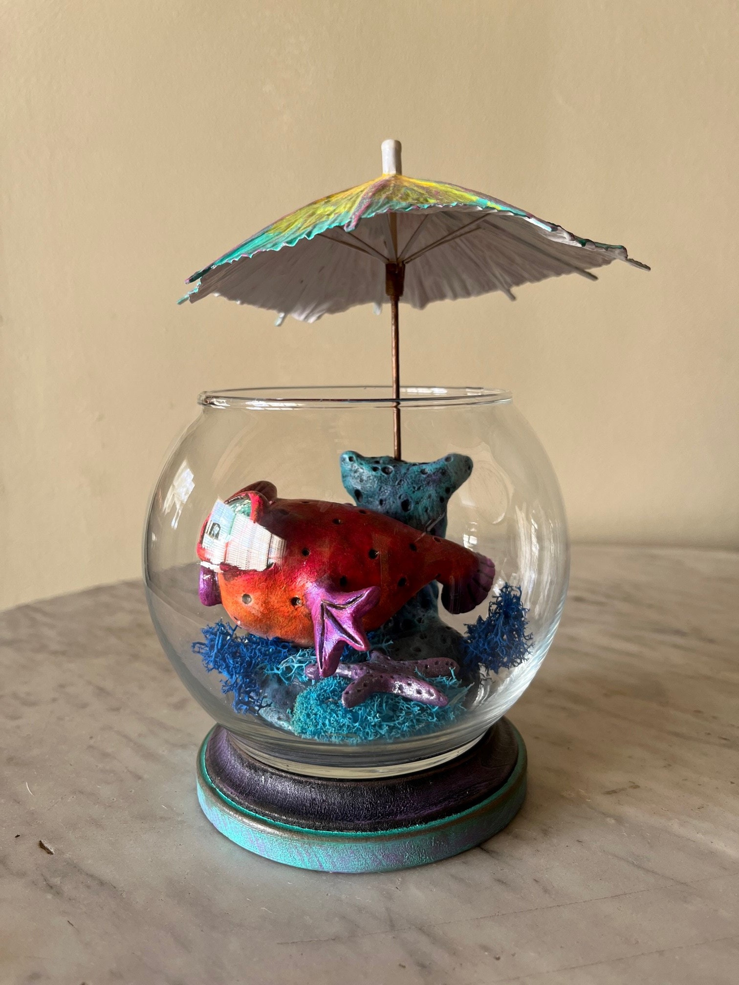 Large Sculpted Clay Pufferfish in Decorative Fishbowl Etsy