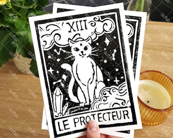 Linogravure illustration chat carte de tarot, sorcière impression unique originale, digital, chat protecteur, illustration personnalisé